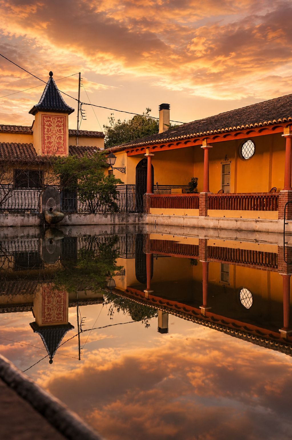 Un edificio tradicional con techo de tejas, un balcón y un reflejo en el agua.
