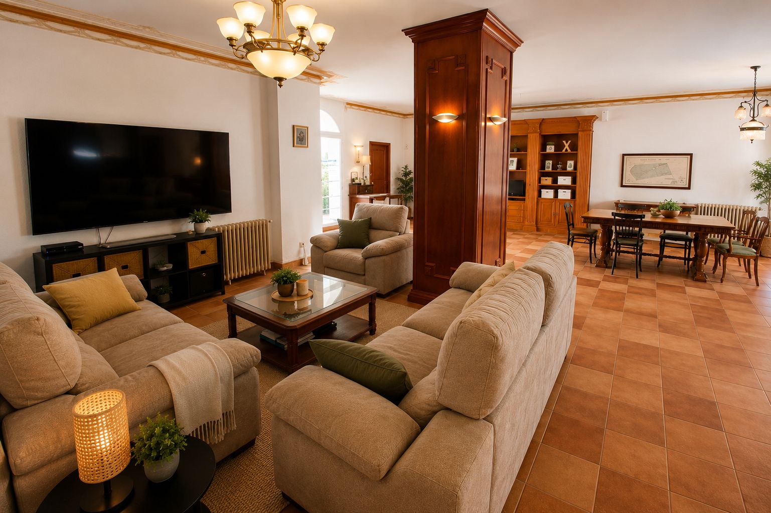 Una sala de estar con televisor de pantalla plana, sofá, mesa de centro y comedor con mesa y sillas.