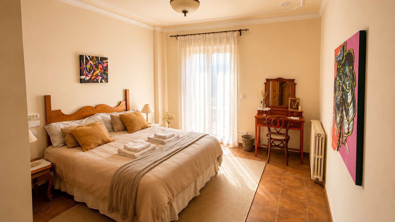 A bedroom with a bed, bedside table, lamp, and a desk with a chair.