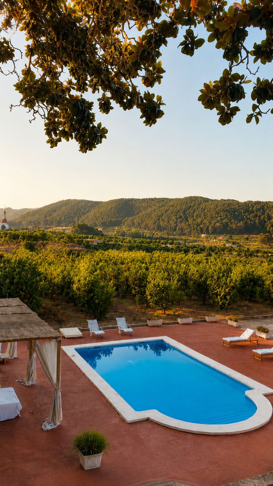 Una piscina con vistas a viñedos y colinas.