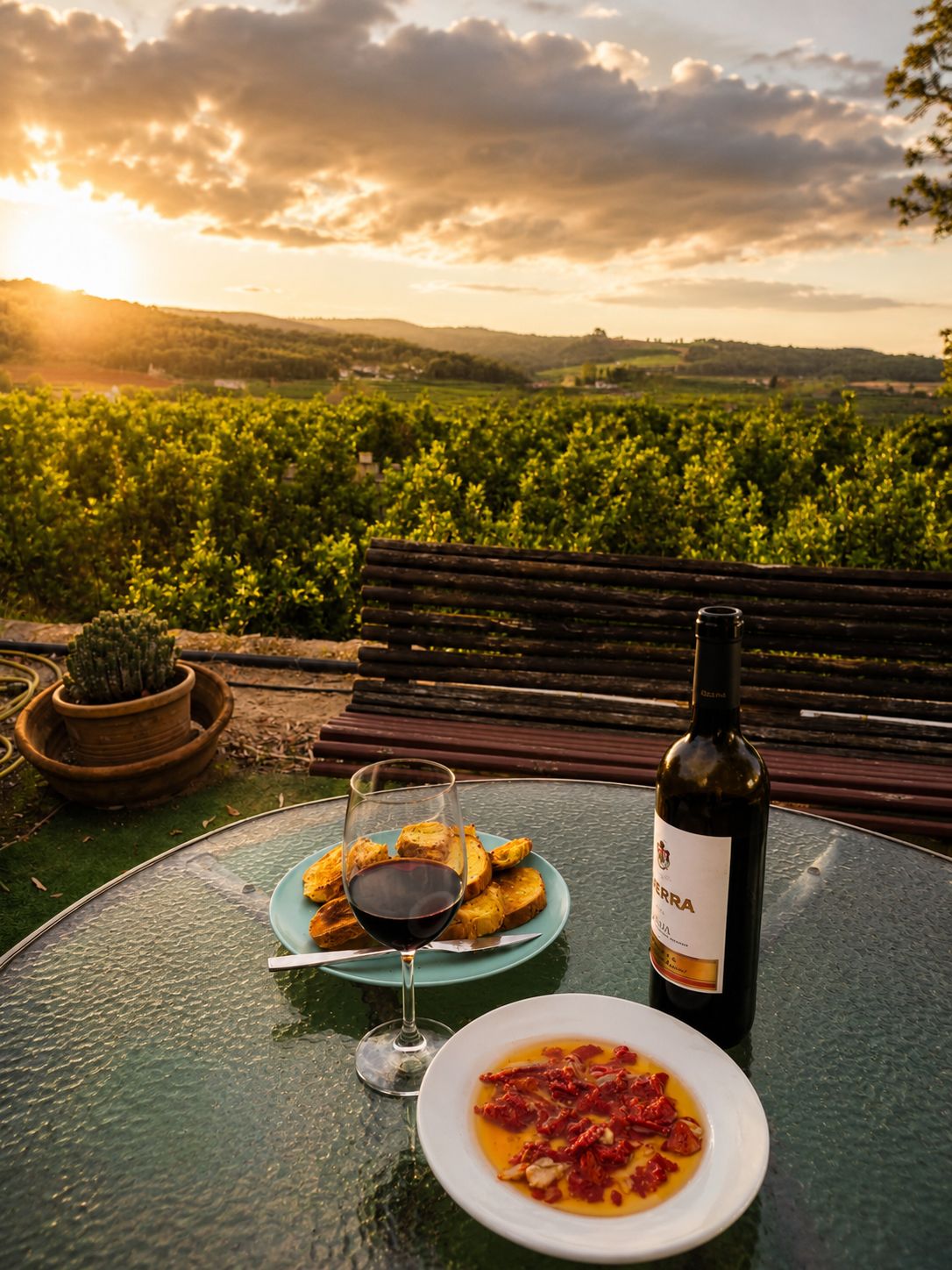 A table with a bottle of wine, a glass of red wine, and two plates of food.