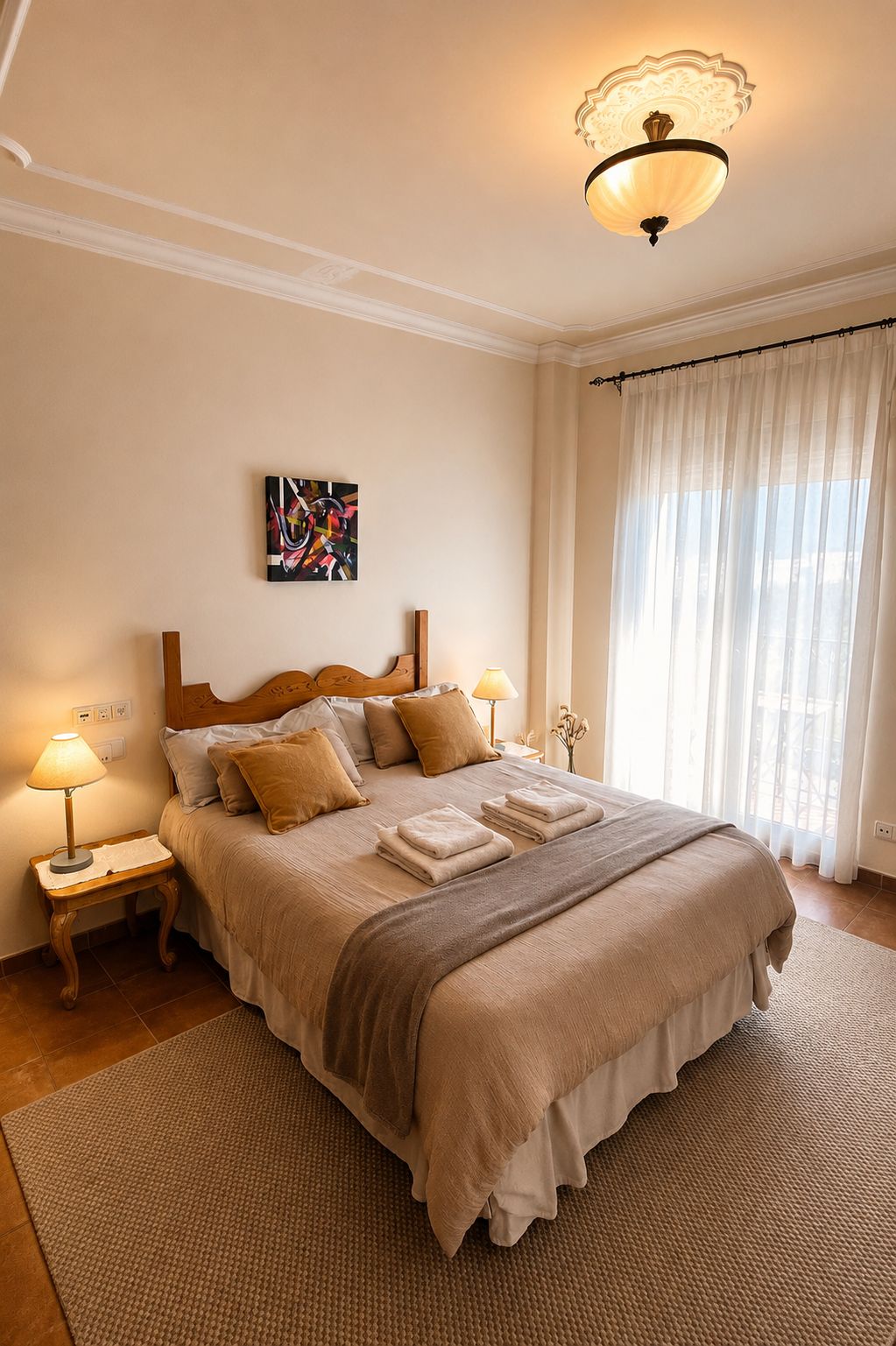 Una cama bien hecha con cabecera, lámparas de noche y un cuadro en la pared.