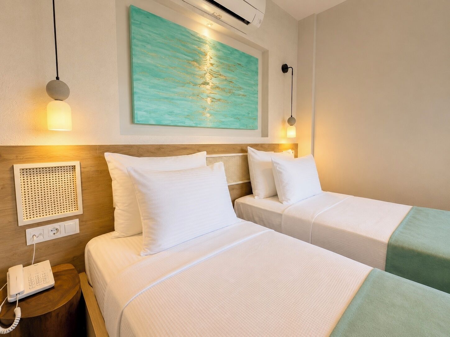 A hotel room with two beds, a wall-mounted air conditioner, a painting, a phone on a nightstand, and a wall-mounted light fixture.