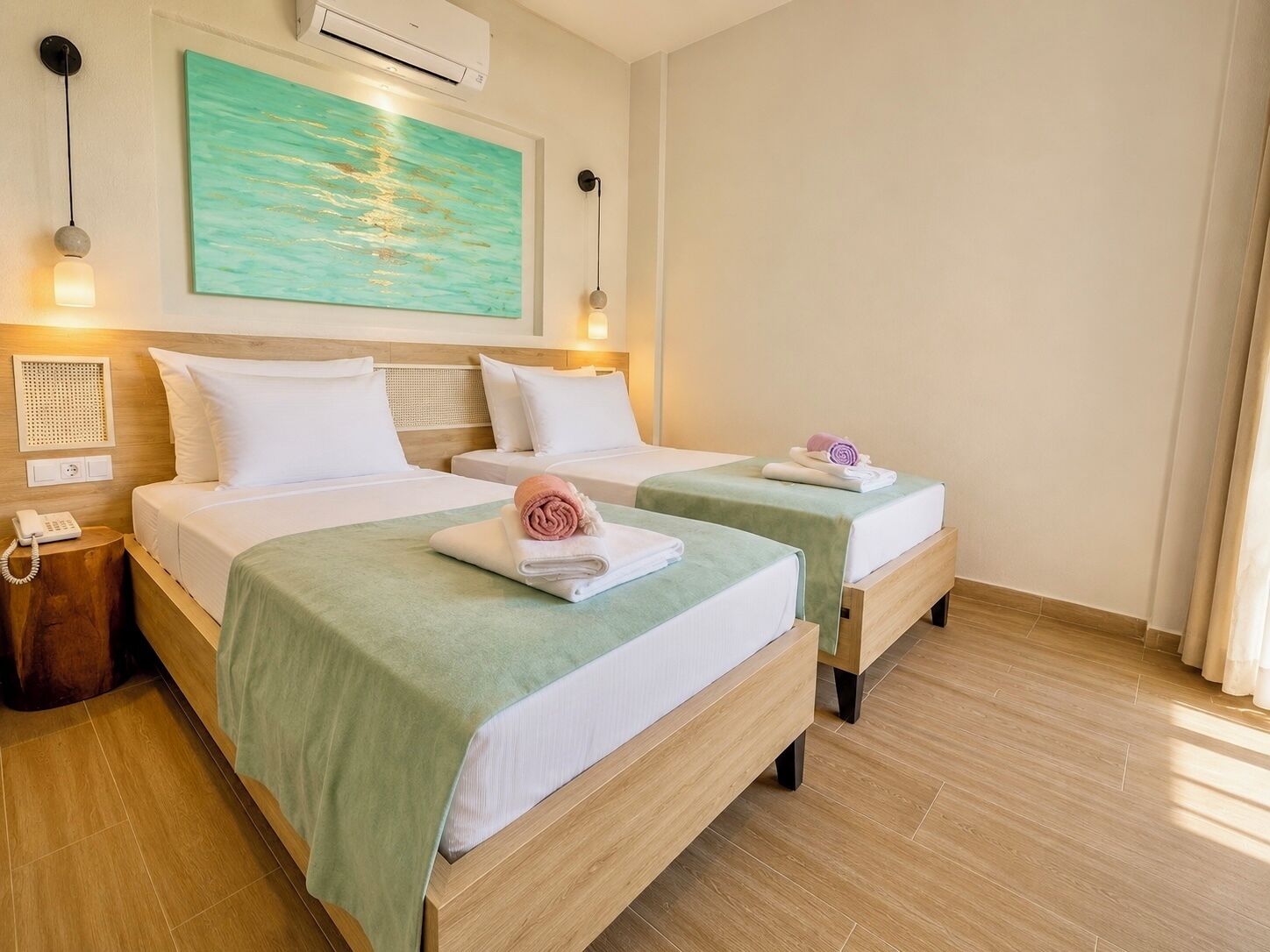 Habitación de hotel con dos camas, un cuadro en la pared y un teléfono en la mesita de noche.