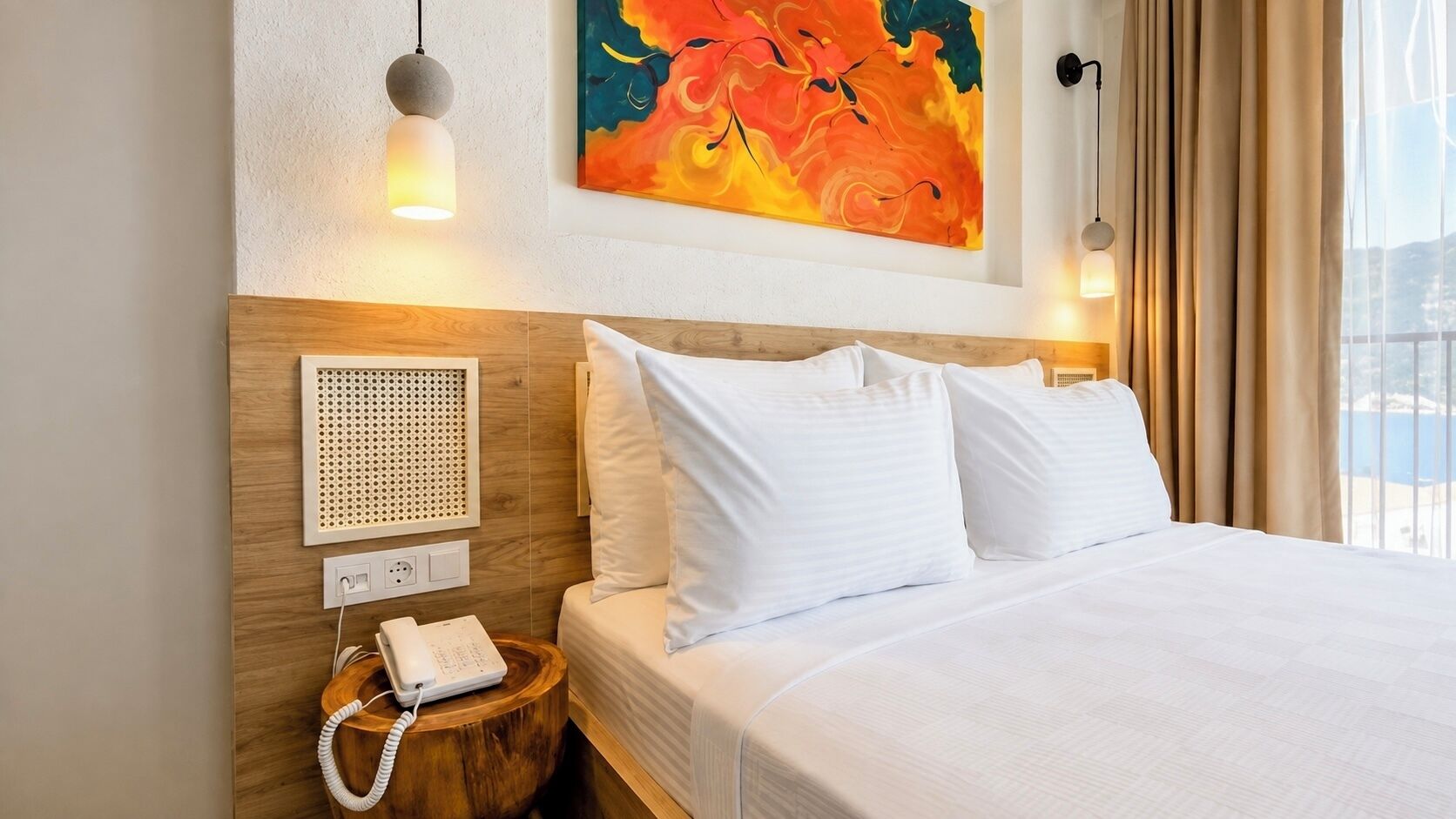 A hotel room with a bed, a telephone, a power outlet, a wall-mounted light fixture, and a colorful abstract painting.