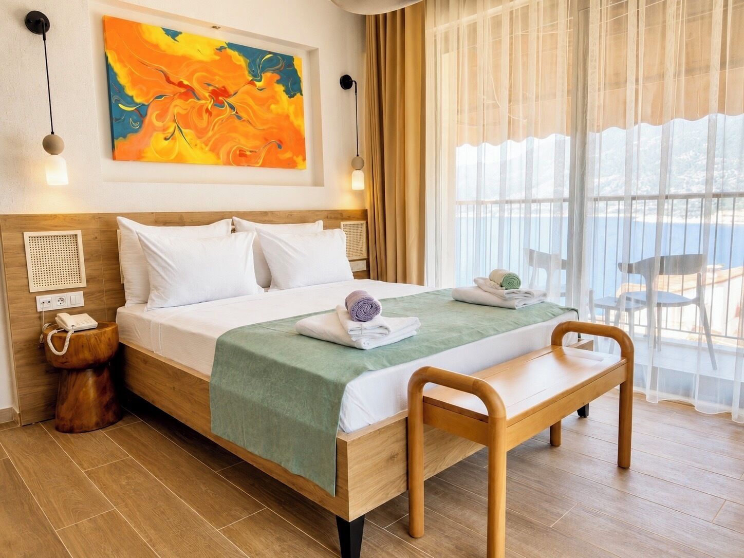 A hotel room with a bed, a bench, a painting, and a view of the sea.