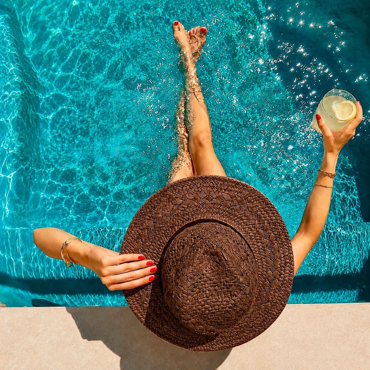 En person slapper af i en pool med en drink, iført hat og med greb om poolkanten.