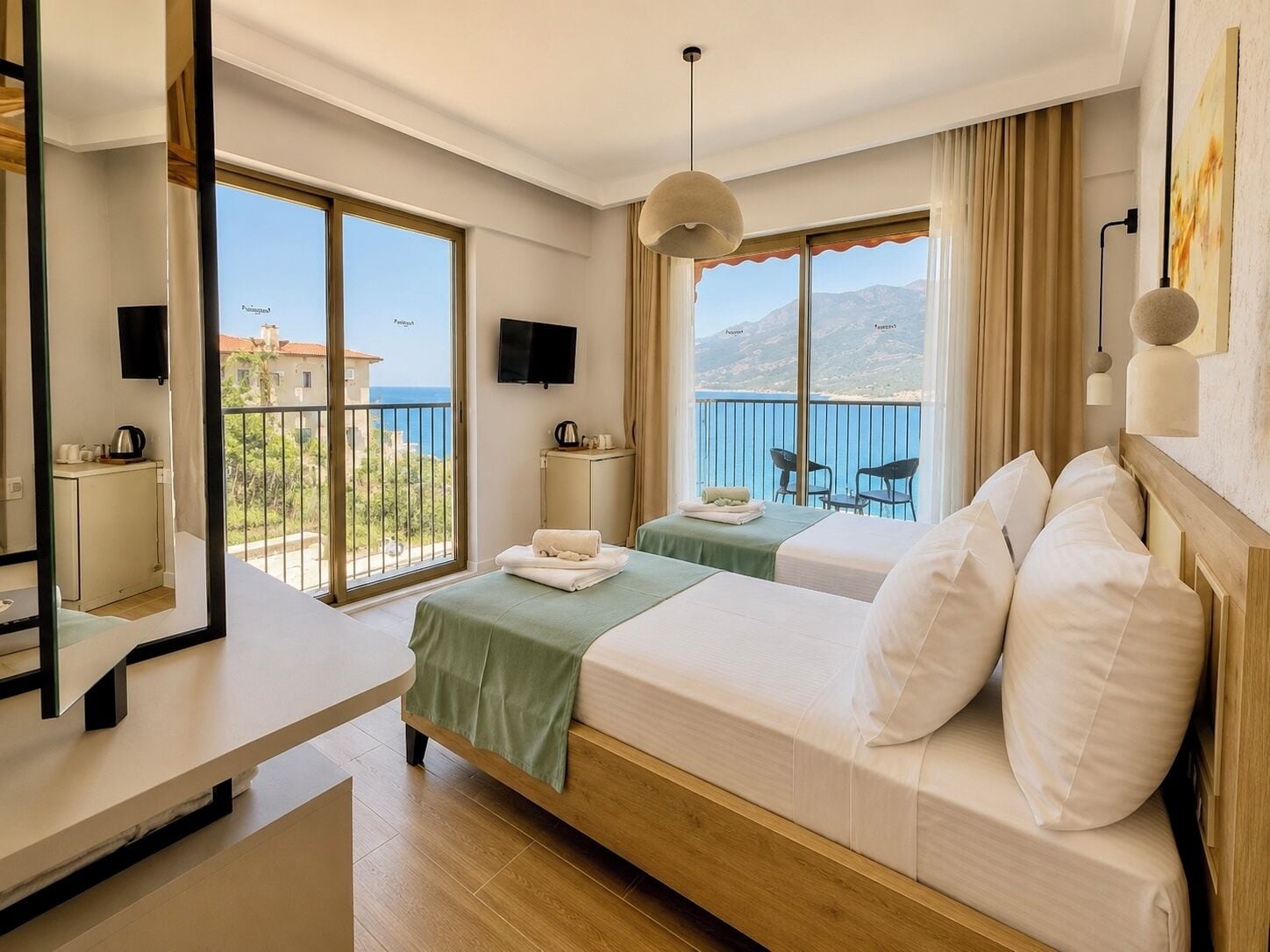 Habitación de hotel con balcón, cama, escritorio y televisor.