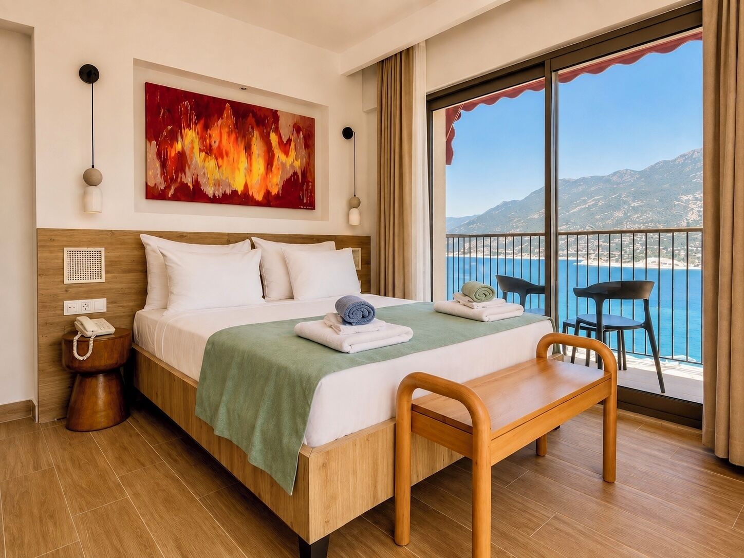 A hotel room with a bed, a bedside table with a telephone, a bench, a view of the sea, and a painting on the wall.