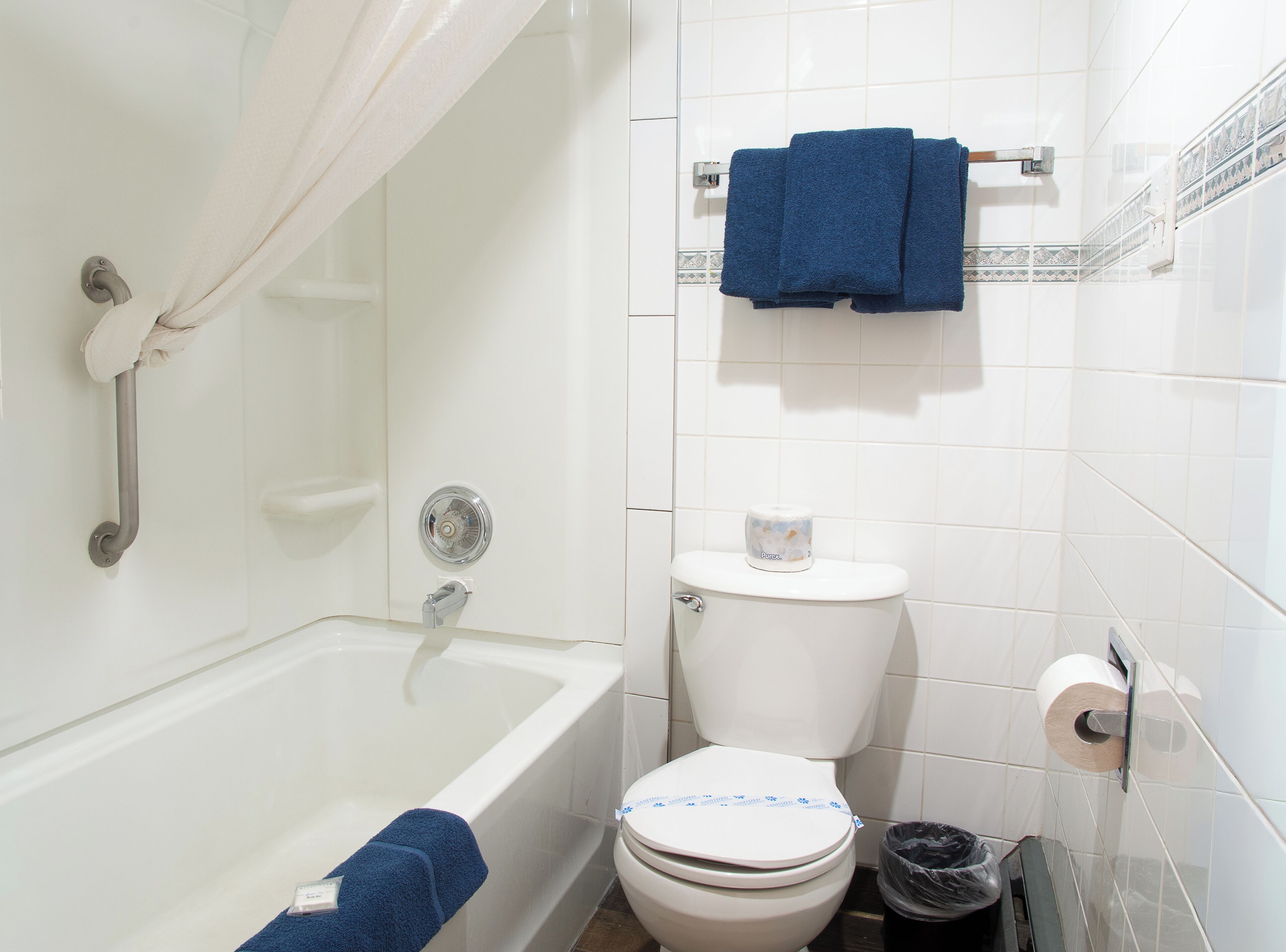 Ein Badezimmer mit Badewanne, Toilette und Duschvorhang.