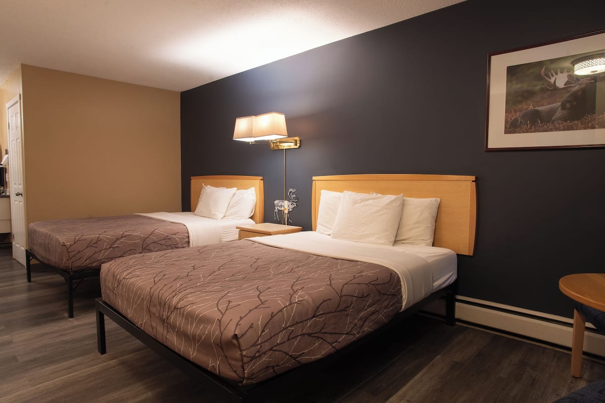 Una habitación de hotel con dos camas individuales, una mesita de noche, una lámpara y un cuadro en la pared.
