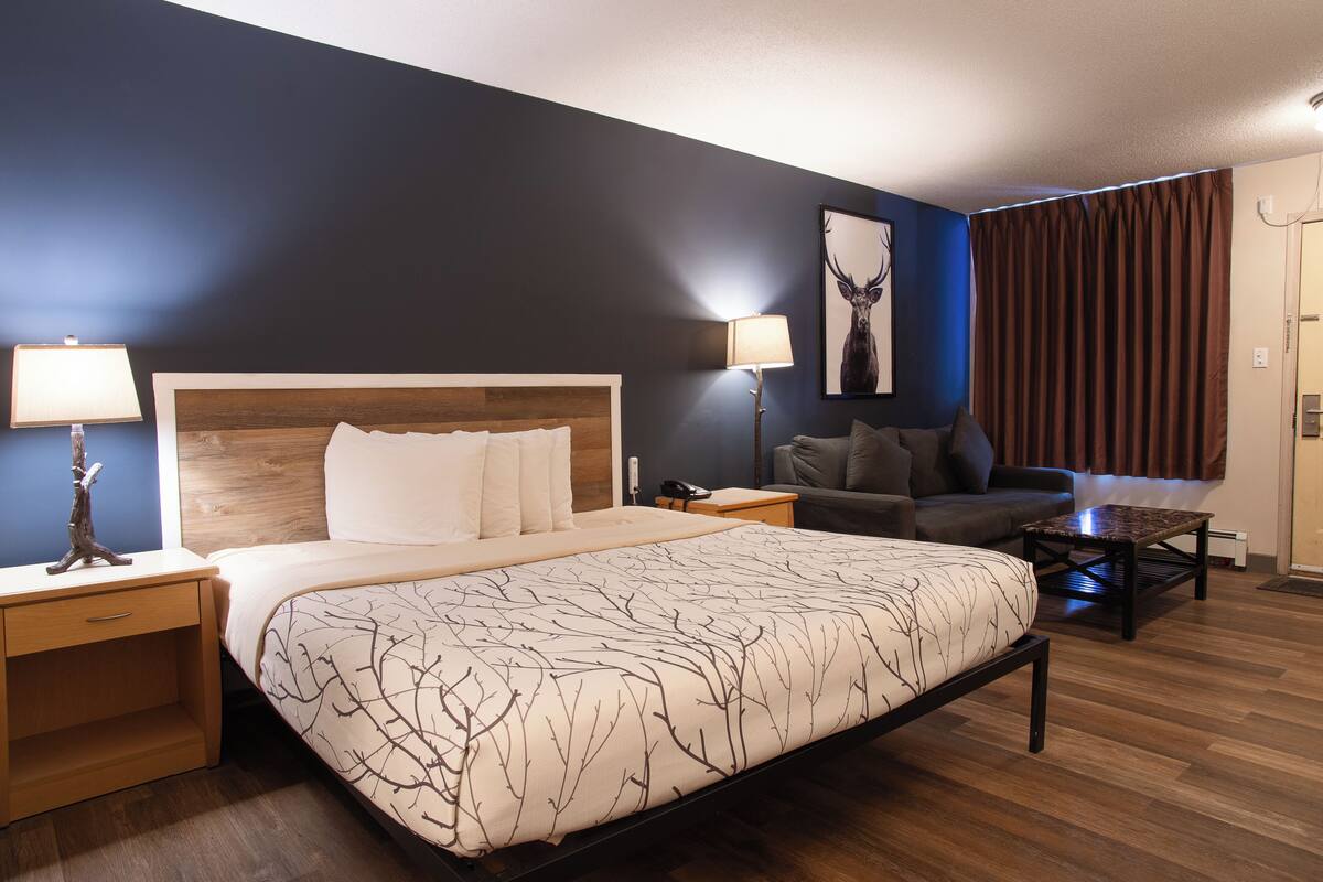 Habitación de hotel con cama, mesitas de noche, escritorio, silla, lámpara, un cuadro y ventana con cortinas.
