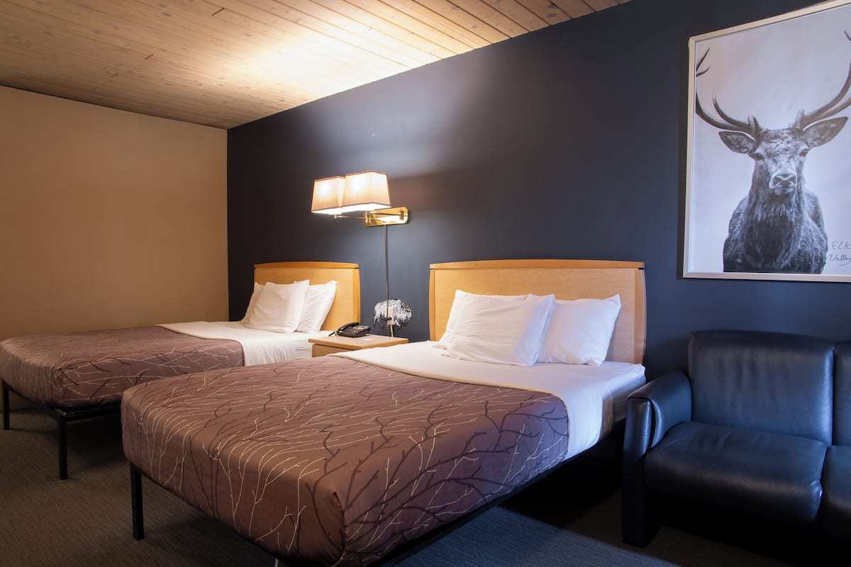 Habitación de hotel con dos camas individuales, una mesita de noche con lámpara, un cabecero de madera, un sillón de cuero negro y una obra de arte con ciervos en la pared.