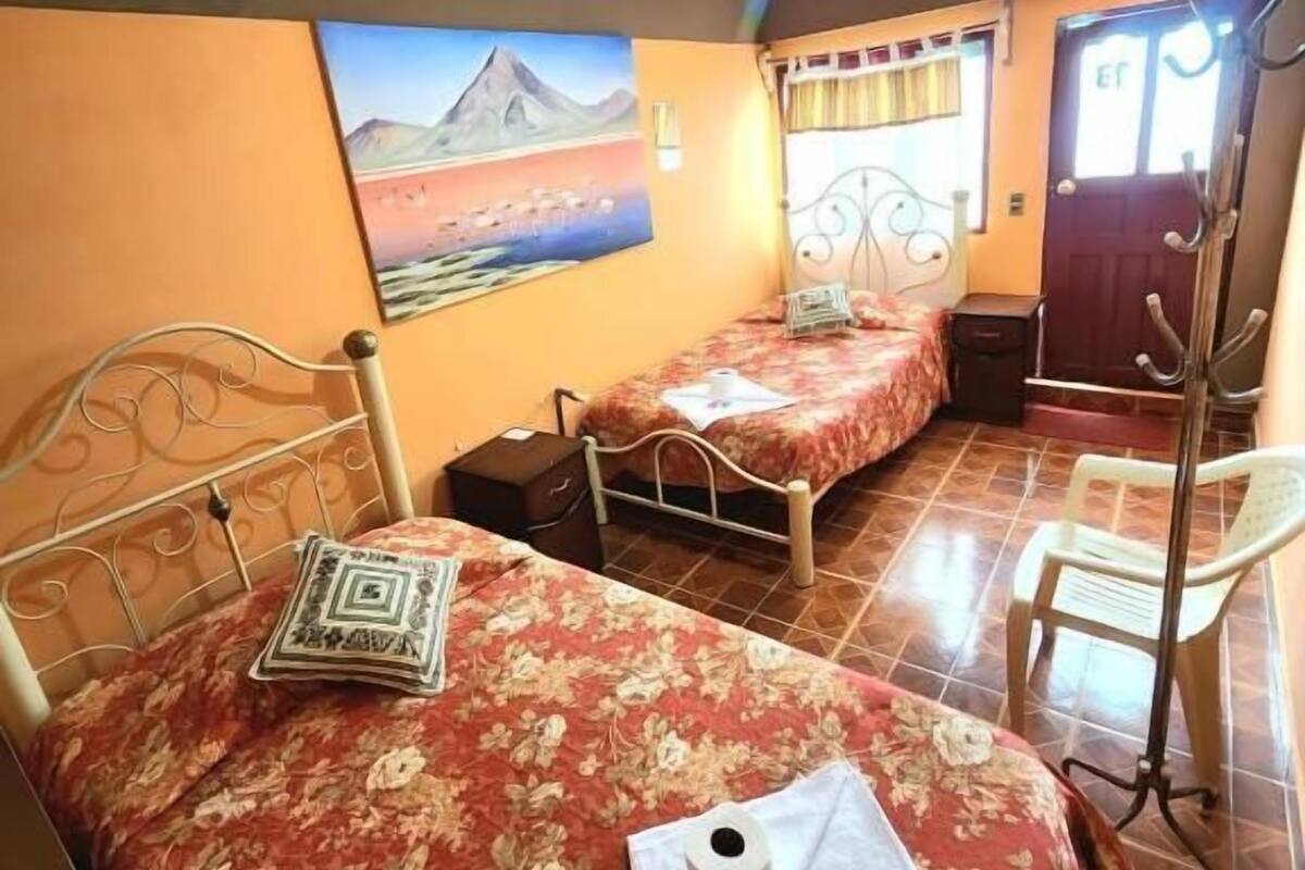 A room with two single beds, a painting on the wall, a door with a coat rack, and a chair.