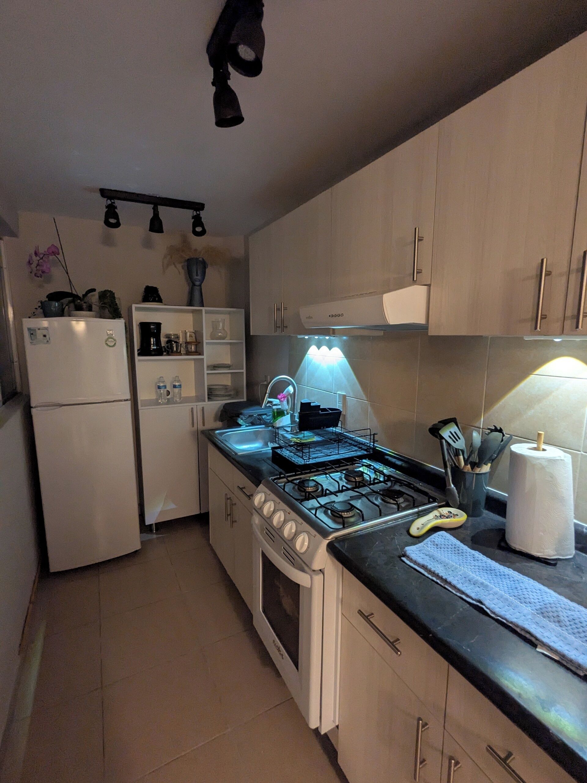 A compact kitchen with a stove, oven, and refrigerator.