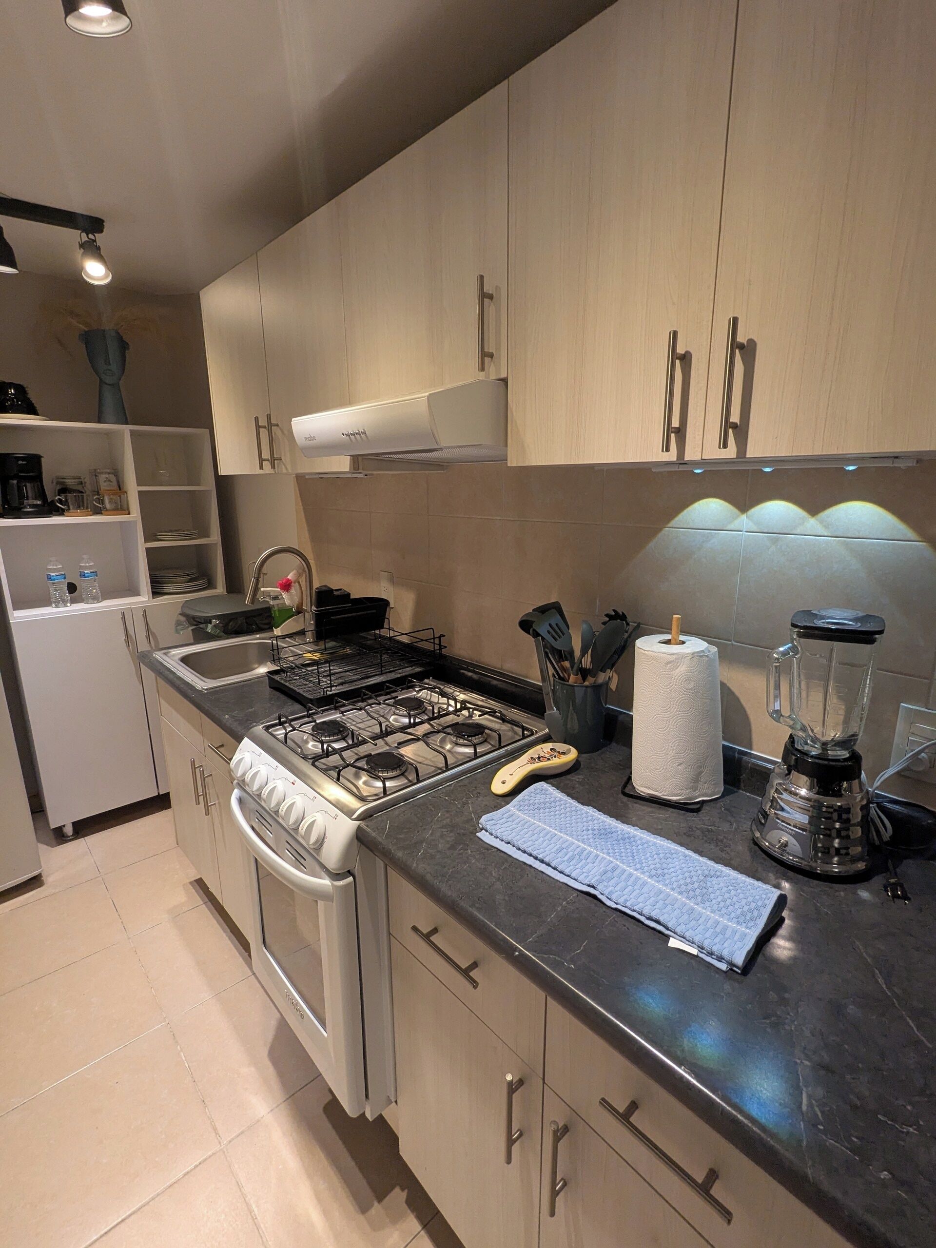 A modern kitchen with light wood cabinets, a gas stove, a built-in oven, a sink, and a countertop with a blender and other appliances.