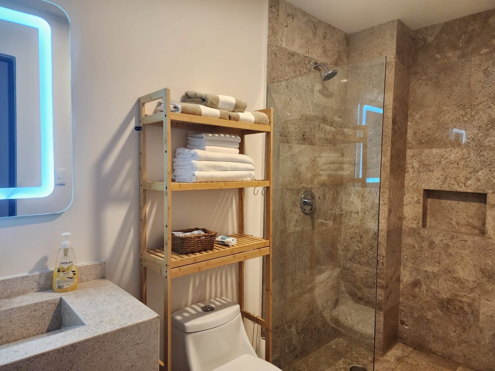 Shower, hair dryer, towels, soap