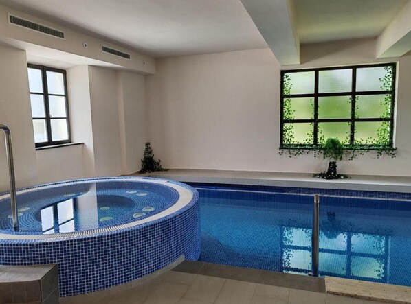 Une piscine avec un espace dédié à un jacuzzi, une fenêtre donnant sur un paysage verdoyant et une petite plante posée sur le rebord de la fenêtre.