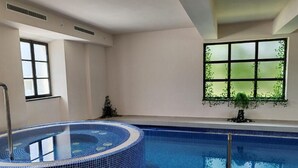 A swimming pool with a hot tub area, a window with a view of greenery, and a small plant on the windowsill. - Jurjevec Castle - Standard room 7 (Brezane Lekenicke)
