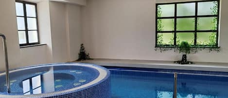 A swimming pool with a hot tub area, a window with a view of greenery, and a small plant on the windowsill.