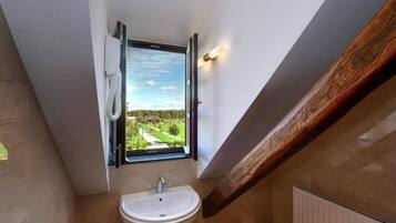 Shower, hair dryer, towels