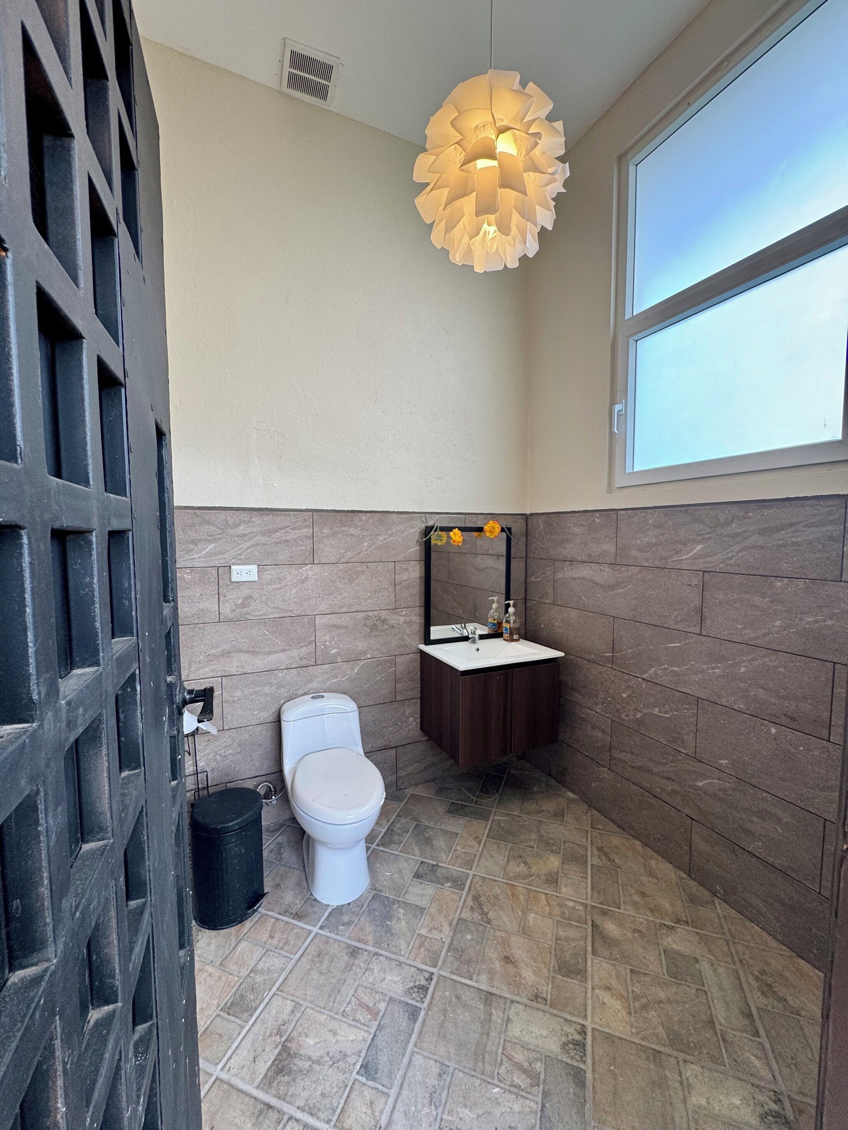A bathroom with a toilet, sink, and decorative light fixture.