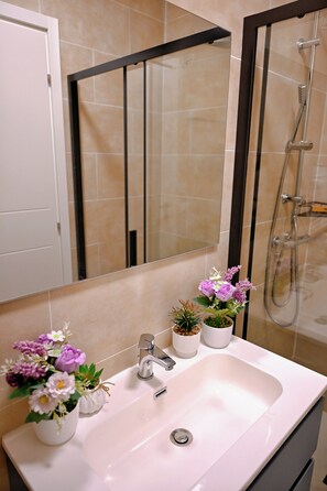 Shower, hair dryer, towels, soap