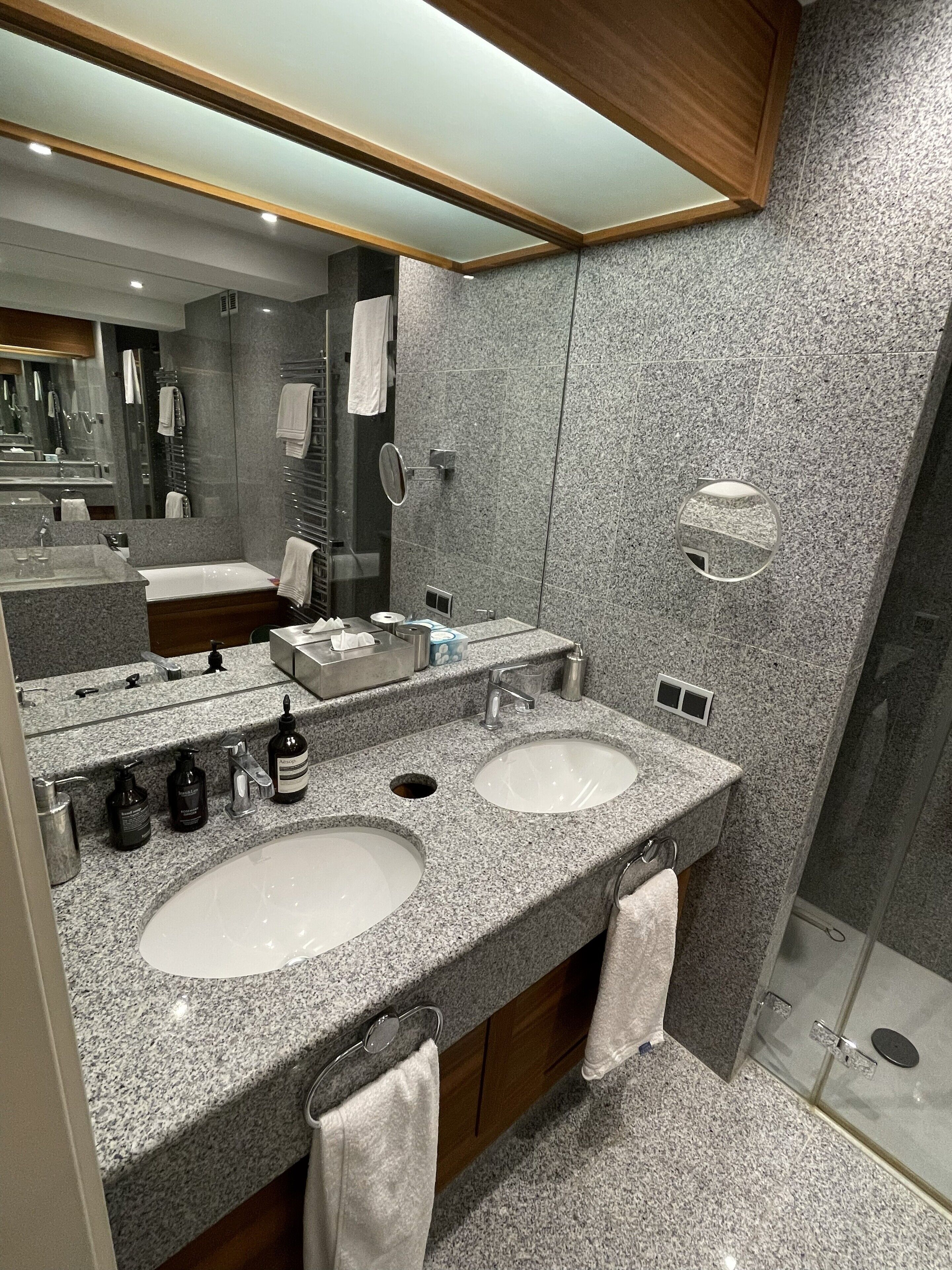 Hair dryer, towels, soap, toilet paper