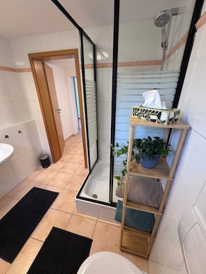 Dusche, Haartrockner, Handtücher, Seife