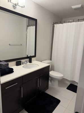 Hair dryer, towels, soap, toilet paper
