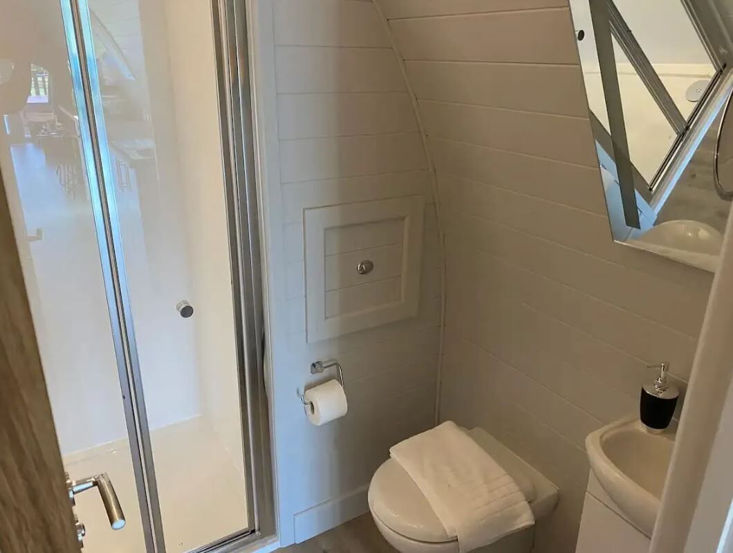 Un bany amb dutxa de vidre, un vàter, un lavabo i una tovallola.