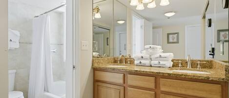 A bathroom with a shower, toilet, and vanity with a sink and mirror.