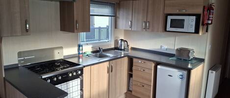 A compact kitchen with a stove, sink, microwave, and a small refrigerator.