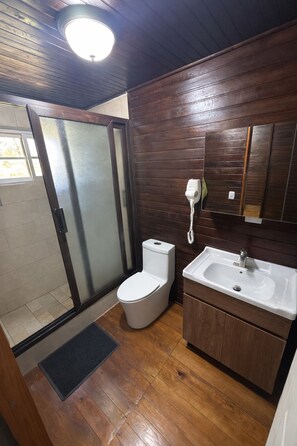 Ein Badezimmer mit Holzboden, Toilette in Weiß, Waschbecken und Spiegel.