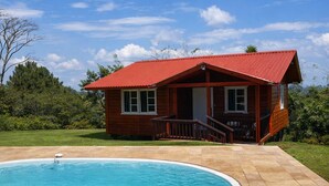 Una casa con piscina, rodeada de césped cuidado y árboles.