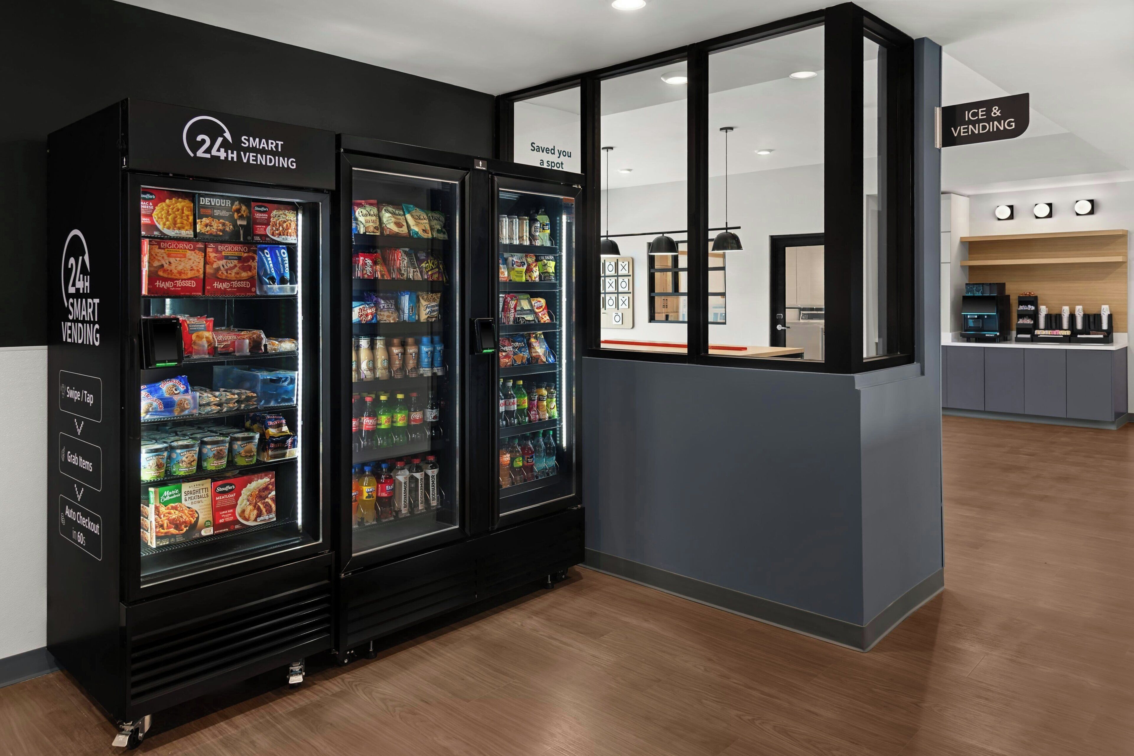 A 24-hour smart vending area with various snacks and drinks.