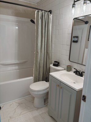 Hair dryer, towels, soap, toilet paper