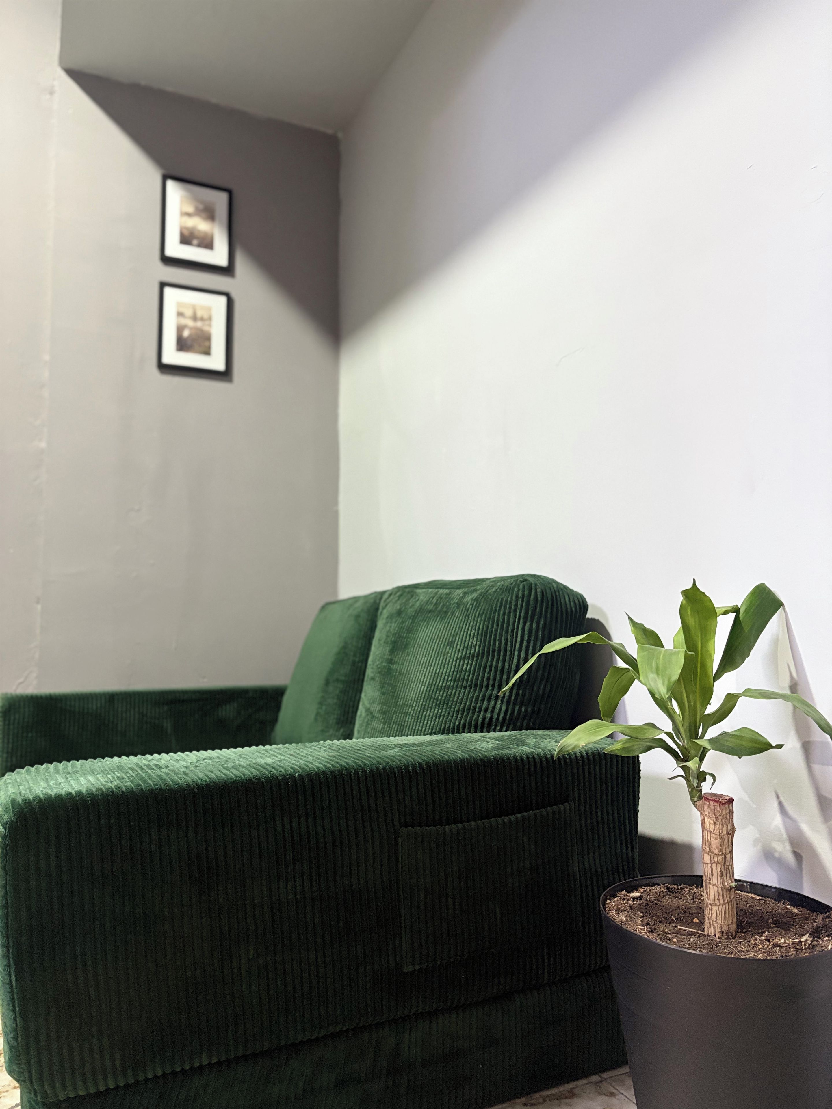 A green upholstered sofa against a wall with two framed pictures.