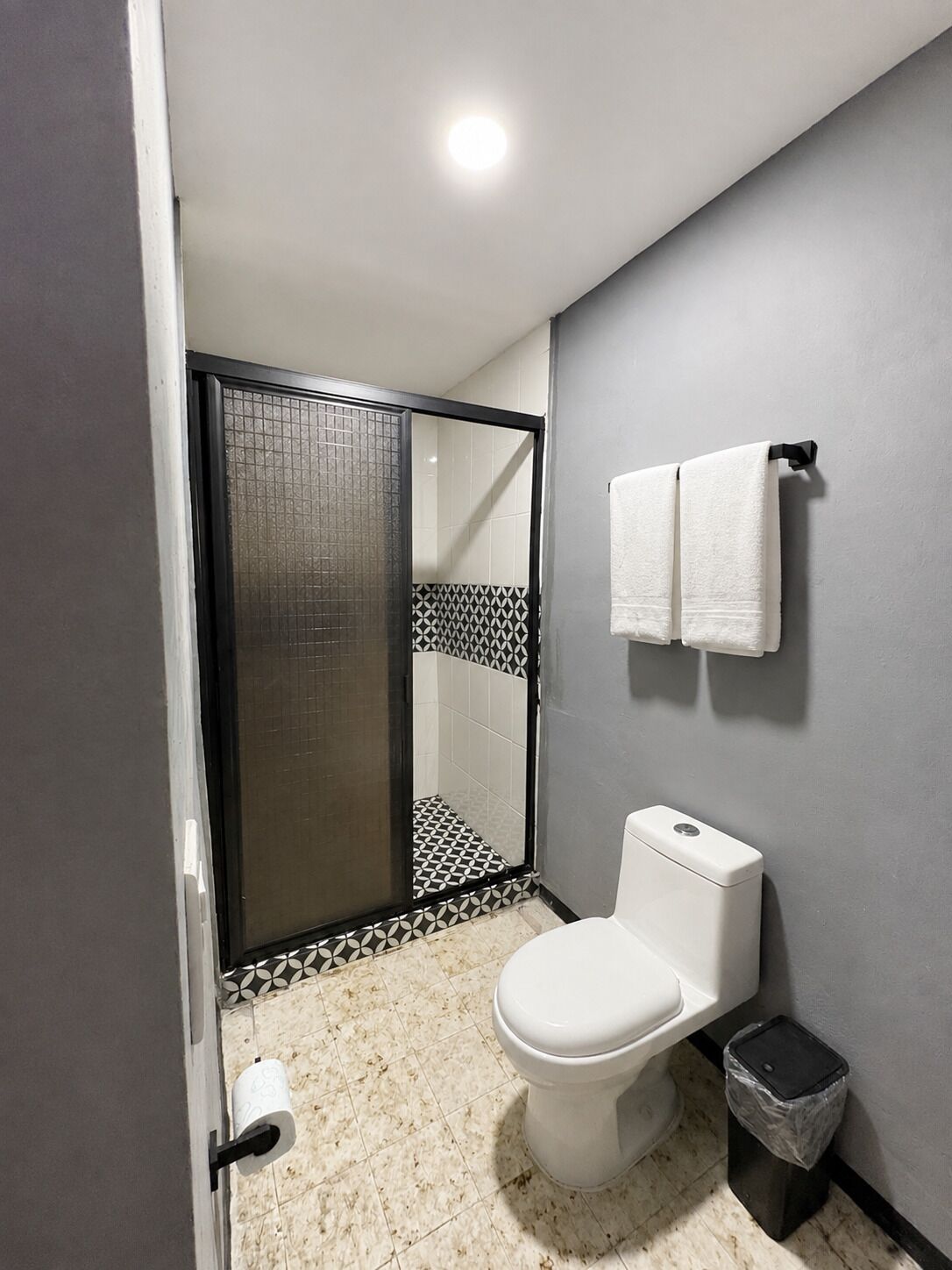 A bathroom with a toilet, a shower with a glass door, a towel rack, and a trash bin.