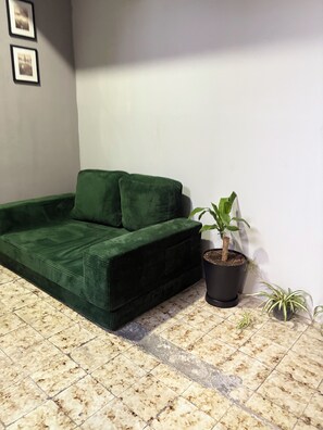 A green sofa against a white wall with a potted plant beside it.