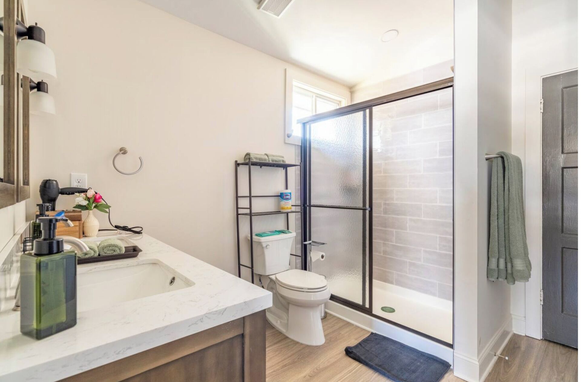 Hair dryer, towels, soap, toilet paper