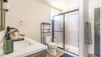 Hair dryer, towels, soap, toilet paper