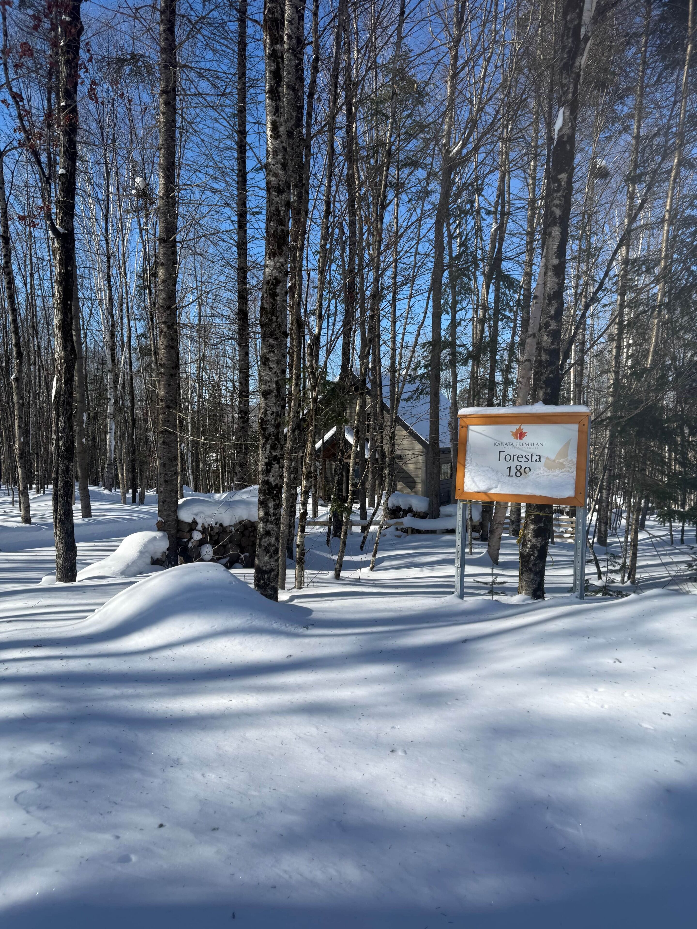 A sign in a snowy forest area indicating the temperature is 18°C.