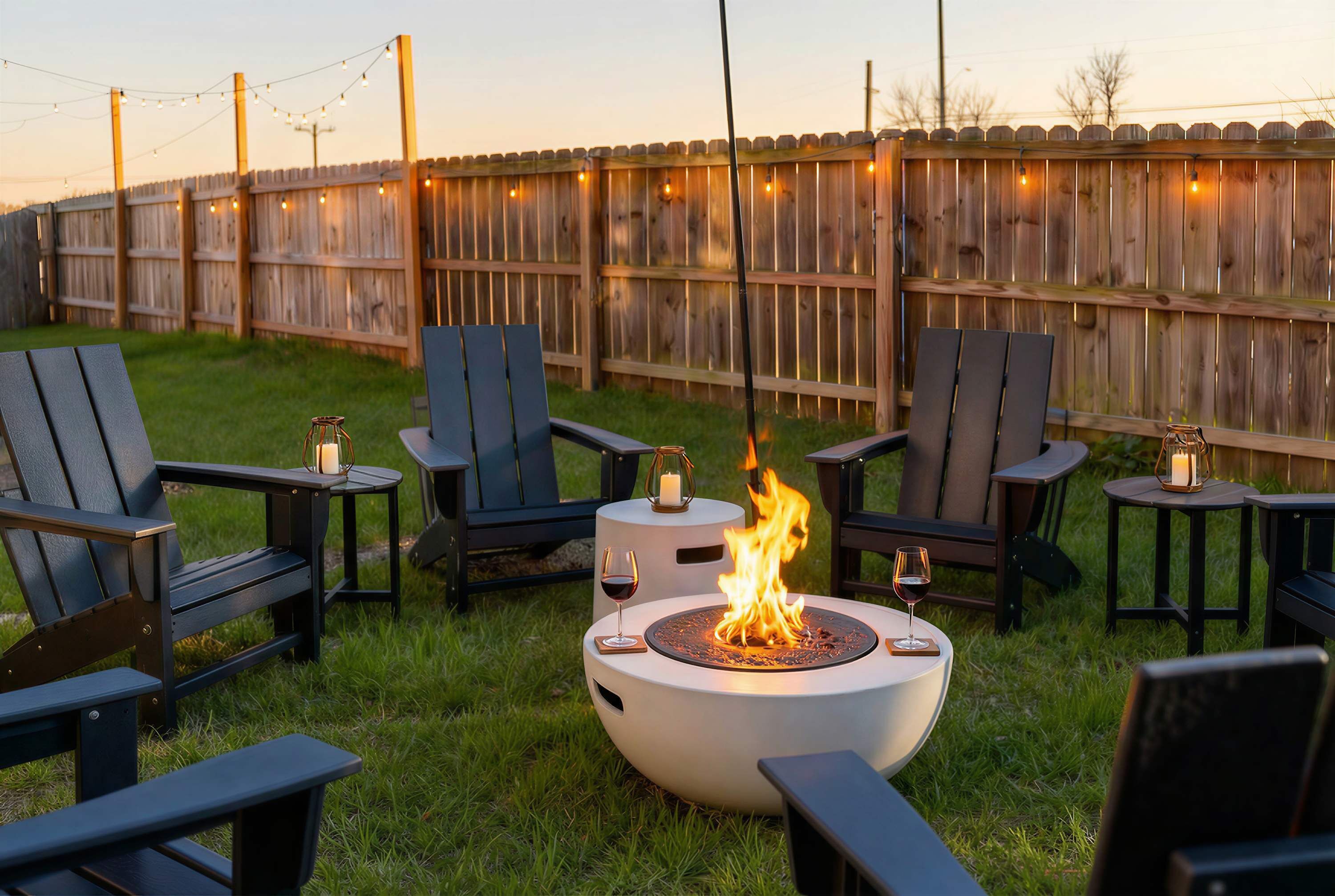An outdoor seating area with a fire pit, chairs, and tables, surrounded by a wooden fence and string lights.