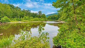 Une rivière paisible, bordée d’une végétation luxuriante, sous un ciel bleu et dégagé.