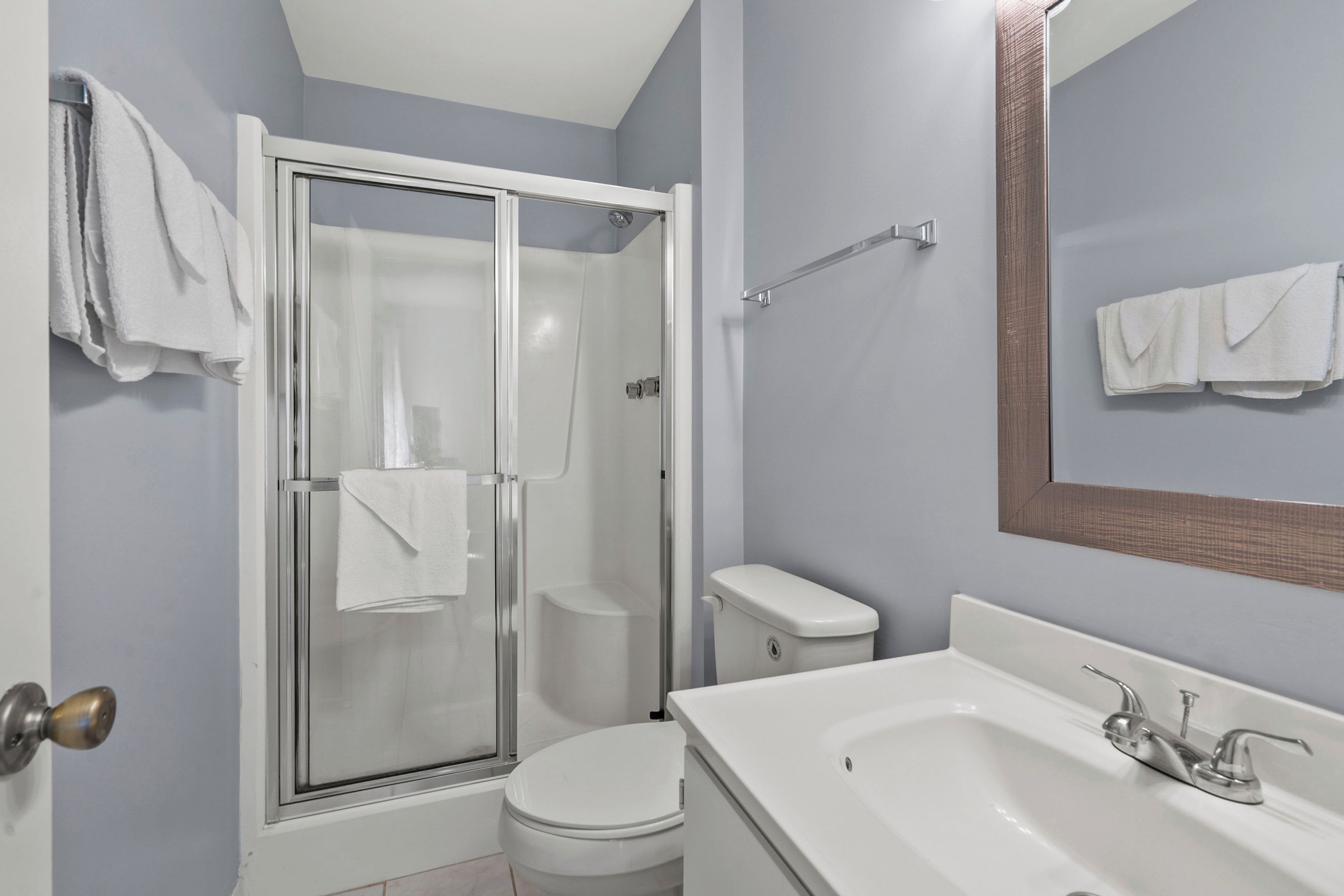 A bathroom with a glass-enclosed shower, a white toilet, and a sink with a mirror above it.