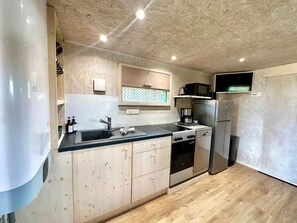 Frigorífico, microondas, horno y placa de cocina