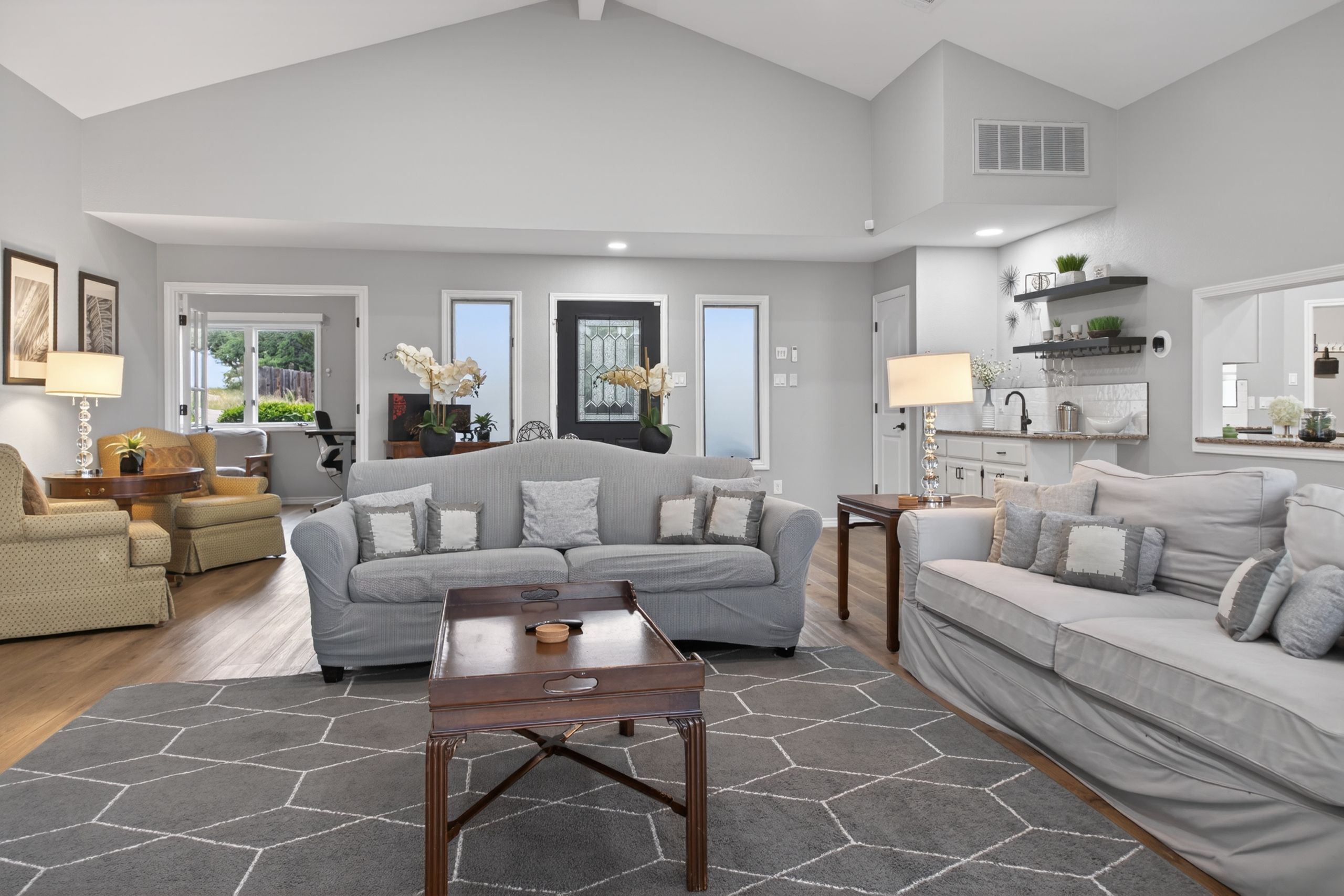 TV, fireplace, books, offices