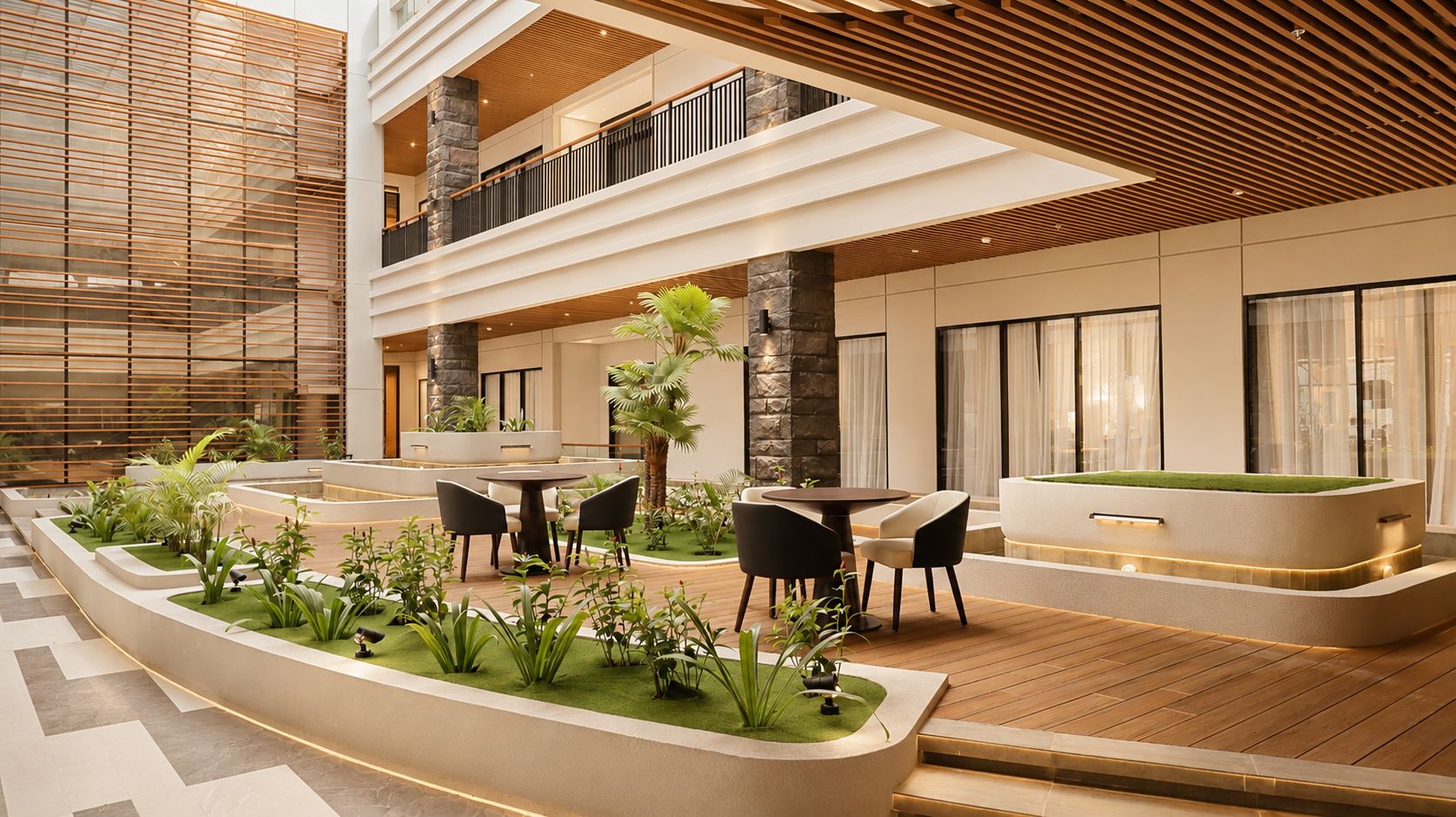 A modern indoor courtyard with a pool, seating area, and plants.