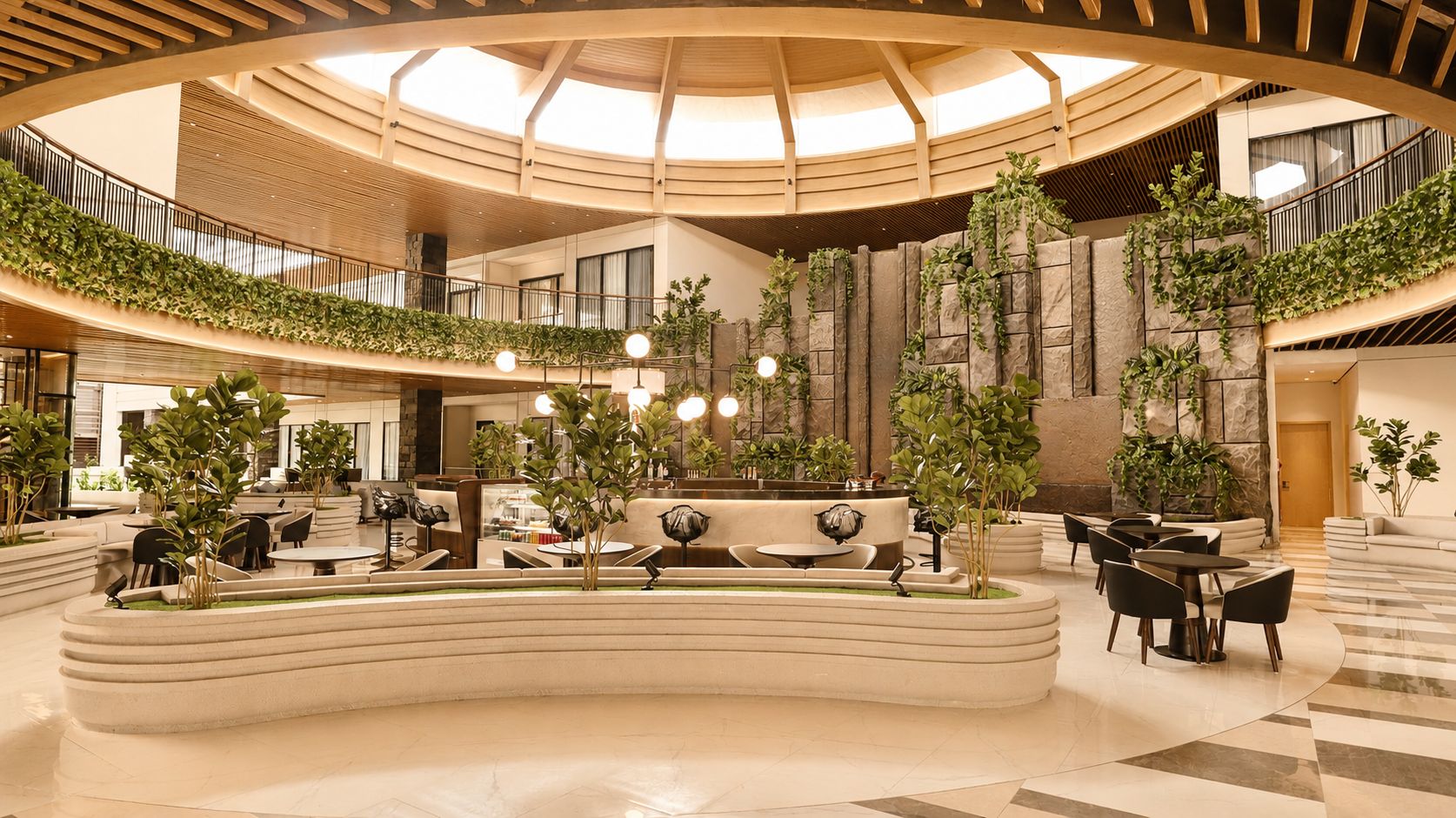 A spacious indoor area with multiple seating arrangements, including tables and chairs, surrounded by greenery and a central water feature.